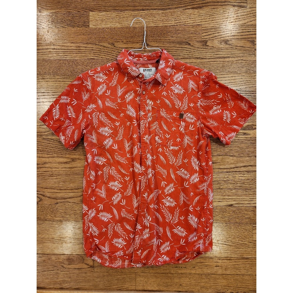 Buffalo Jeans Camp Shirt Orange Tropical Leaf Short Sleeve Button Mens‎ Medium